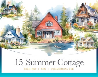 Watercolor Summer Cottage Clipart, digital graphics for commercial use instant download