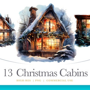 Cozy Watercolor Christmas Cabins, Cabin Clipart, digital graphics for commercial use instant download
