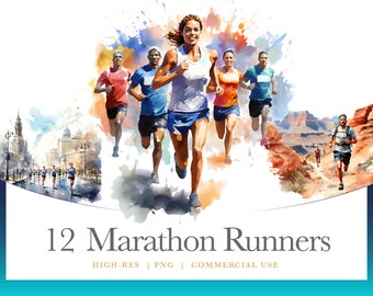 Op de afbeelding: Waterverfillustratie van 12 marathonlopers in actie. De afbeelding toont een groep lopers in diverse gekleurde sportkleding, met een levendig aquarel spettereffect op de achtergrond. De tekst "12 Marathon Runners" staat onderaan.