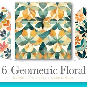 Könnte beinhalten: Präsentation von sechs geometrischen floralen Mustern im Aquarellstil. Die Designs zeigen verschiedene Blumen- und Blattmotive in den Farbtönen Teal, Orange und Rosa auf cremefarbenem Hintergrund. Das Bild enthält den Text "6 Geometric Floral" mit weiteren Details.