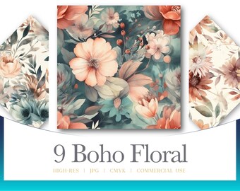 Nahtloses Boho Blumenmuster, Dye Sublimation Illustration, digitale Grafiken für die kommerzielle Nutzung, sofortiger Download