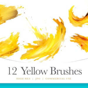 May include: Twelve yellow watercolor brush strokes on a white background. The text "12 Yellow Brushes" is at the bottom of the image. The text "HIGH-RES | JPG | COMMERCIAL USE" is below the title.