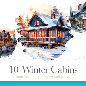 Watercolor Winter Cabin Clipart, Cozy Cabin Portraits, digital graphics for commercial use instant download