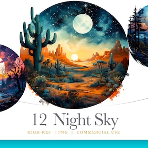 Clipart aquarela do céu noturno, estilo estrelas lua, clipart mágico, gráficos digitais para uso comercial, download instantâneo
