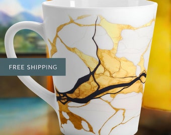 Kintsugi Coffee Latte Cup or Teacup White and Gold Ceramic Mug Japanese Art Inspired Aesthetic Housewarming or Wedding or Birthday Gift