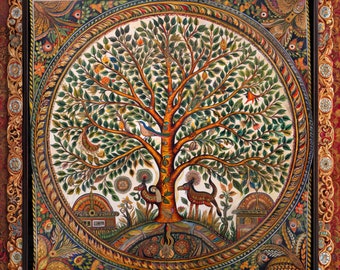 Regalo de pintura de estilo indio Gond del Árbol de la vida Madhya Pradesh India Diwali Warli Kalamkari Kullad Kullar Kulhar Desi Bengali Deepavali