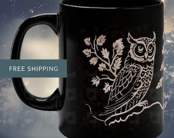 Night Owl Fine Art Ceramic Coffee Mug or Teacup Sgraffito Inspired Ceramic Aesthetic Gift Cup