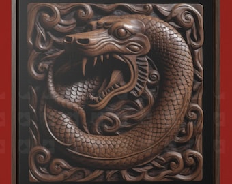 Vintage Chinese Cobra Carved Wood Bas Relief Image Illusion on Rosewood 3D Wall Art Canvas Print Huanghuali China Style