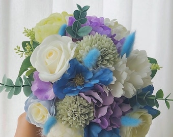Artificial Flower Bridal Bouquet | Long-Lasting Flowers | Boho Artificial Wedding Bouquet | Lilac, Blue, and White | Hydrangea and Rose | Wedding Decorations
