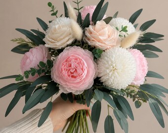Pink Boho Bridal Bouquet | Pink, Green, and White | Wedding Bouquet | Artificial Flowers | Wedding Decorations | Bride & Groom | Pinbacks