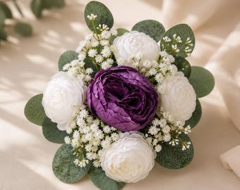 Long-lasting artificial flower bridal bouquet | Purple and white | Flower bouquet | Wedding bouquet | Groom's boutonniere | Artificial flowers | Wedding decorations