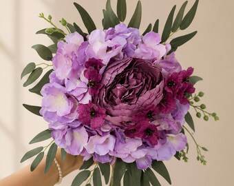 Artificial flower bridal bouquet Lilac Purple – Peonies and Hydrangeas | Wedding Bouquet | Everlasting Bouquet | Set with boutonniere and toss bouquet