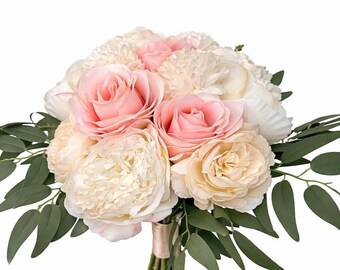 Pink and cream flower bouquet | Pink, green, and white | Wedding bouquet | Artificial flowers | Wedding decorations | Bride & groom | Decor