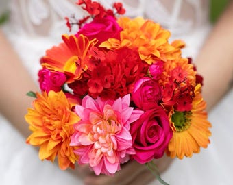 Bridal bouquet in red, orange, and pink | Long-lasting wedding bouquet | Summer flowers, Aperol theme | Boho artificial flower set | Bride and groom