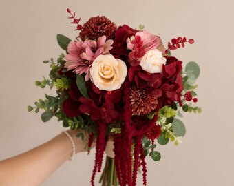 Bouquet in Bordeaux, Pink, Red, and Green | Long-lasting Wedding Bouquet | Artificial Flower Set | Bride and Groom | Anthuriums | Romantic | Boho