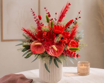 Red & green bouquet | Long-lasting wedding bouquet | Artificial flower set | Bride & Groom | Anthuriums | Modern | Boho