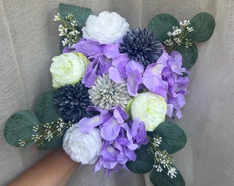 Artificial flower bridal bouquet Lilac White – Peonies and Roses | Wedding Bouquet | Everlasting Bouquet | Set with boutonniere and toss bouquet