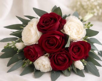 Red & white flower bouquet | Long-lasting wedding bouquet | Valentine's Day gift | Artificial flower set | Bride & Groom