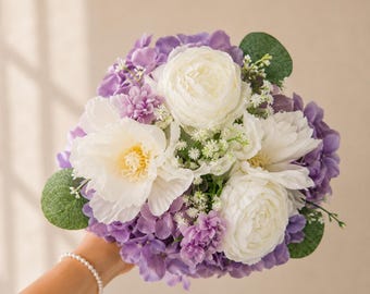 Artificial Bridal Bouquet Lilac White – Peonies and Hydrangeas | Wedding Bouquet | Forever Bouquet | Set with Groom's Boutonniere