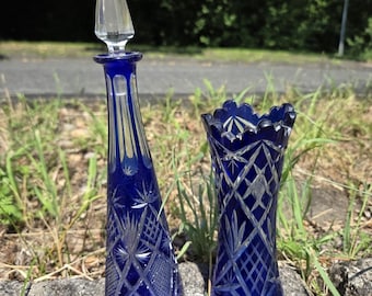 Juego de cristal de plomo azul cobalto, bohemio, tallado a mano. Azul cobalto