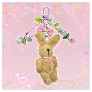 Kawaii knuffelkonijn sleutelhanger - Chunky Y2k Decoden Deco Decora roze paars pastel strikken Cutecore knoppen lente paddestoel bloemen unieke pluche