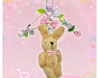 Kawaii knuffelkonijn sleutelhanger - Chunky Y2k Decoden Deco Decora roze paars pastel strikken Cutecore knoppen lente paddestoel bloemen unieke pluche