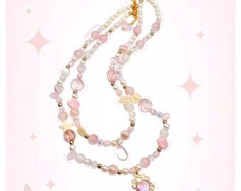 Dubbele ketting zeemeermin - Decora Rommel Y2k Maximalist Kawaii Chunky Deco Dopamine Strand Zeeschelp Oceaan Zeester Goud Roze Zomerparels