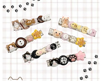 Kawaii kattenhaarclipsets - Decora Clutter Maximalist Chunky Deco Dopamine Kitty Tabby Buttons Animal Vis Thema Smoking Roze Geel Gebak