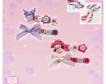 Sets kawaii-haarspeldjes - Deco, Y2k, Decora, Pink Purple Matching, Anime, Cutecore, Decoden, Bows, Buttons, Flowers, Unique, Fun