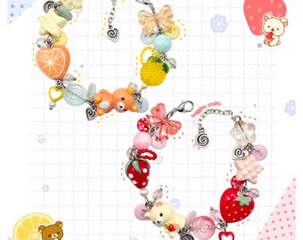 Kawaii Bear Fruit-armbanden - Decora Juminocore Heisei Retro Rommel Maximalist Chunky Deco Dopamine Roze Rood Geel Blauw Oranje Knopen