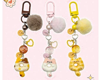 Kawaii Kitty Donut Sleutelhangers - Decora Fairy Kei Clutter Maximalist Chunky Deco Dopamine Donut Katten Gebak PomPom Bloemen Bruin Roze Geel