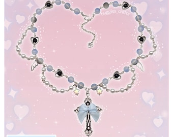 Pastel Goth-kruisketting - Kawaii Y2k Chunky Deco Decora Fairy Kei Alt Angel Harajuku Blue Bow Black Unieke kerkparel christelijk zilver