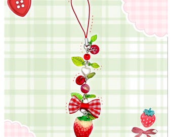 Kawaii Aardbei Telefoonhanger - Decora Rommel Maximalist Chunky Deco Dopamine Bes Fruit Rood Snoepje Tas Beker Hart Geruite Strik Blad