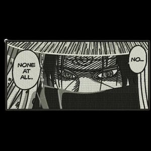 May include: A rectangular embroidered patch featuring a black and white manga-style illustration of a character wearing a wide-brimmed hat and a face covering. Two speech bubbles are present, with the text "NONE AT ALL." and "NO..." printed inside.
