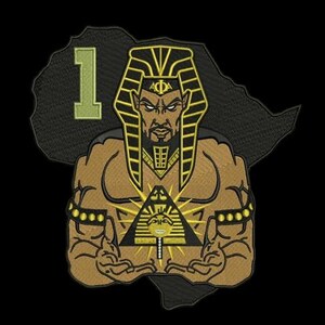 May include: An embroidered patch featuring a stylized pharaoh figure in gold and black, wearing a headdress with the Greek letters Alpha Phi Alpha. The figure holds a glowing pyramid icon, set against a black map of Africa with the number 1 in green.