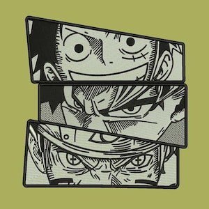 May include: A rectangular embroidered patch featuring three stacked panels, each displaying a black and white line art illustration of a different anime character face. The top panel shows a smiling character, the middle a serious character, and the bottom a character wearing a headband with a symbol.