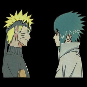 May include: An embroidered patch featuring two anime characters facing each other. On the left, a character with spiky yellow hair and a dark gray high-neck shirt. On the right, a character with dark blue spiky hair and a light gray high-neck shirt.