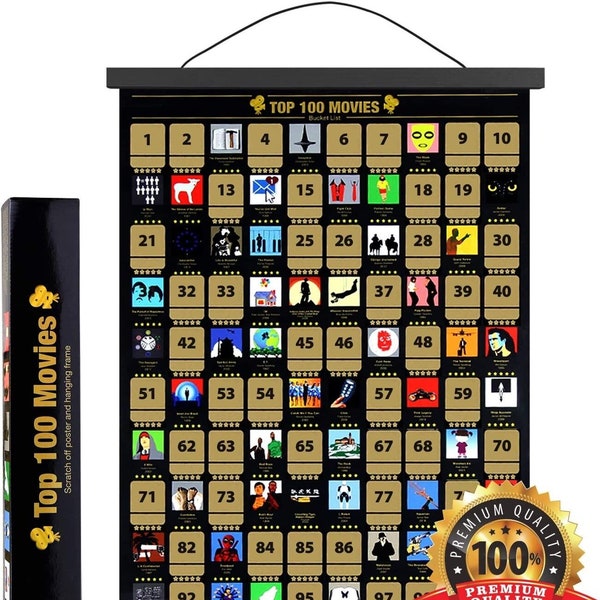 Top 100 Movies Scratch Off Poster includes Poster Frame 17" Long (Black) - The Perfect Movie Room Decor, Easy to Scratch and Rate.