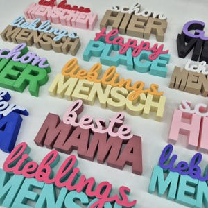 Könnte beinhalten: Eine Sammlung dreidimensionaler Holzschilder mit verschiedenen deutschen Schriftzügen in geschichteter Schreib- und Blockschrift. Die Schilder sind in verschiedenen Farben wie Rosa, Blau, Grün, Gelb, Orange, Lila und Braun lackiert.