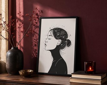 Minimalist Celestial Woman Painting | Black and White Framed Canvas | Modern Wall Decor | Japandi Boho Style