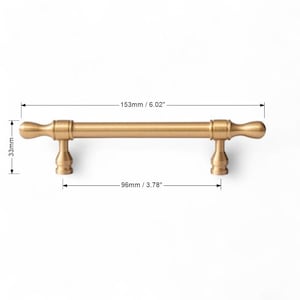 Measurement image showing brushed gold handle dimensions – modern solid brass cabinet hardware.