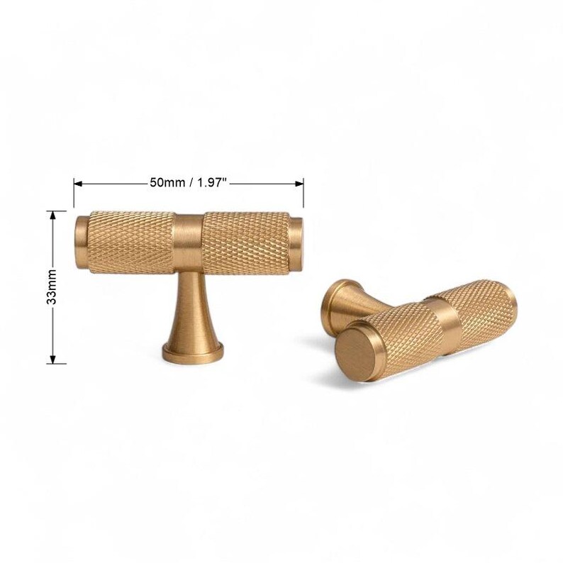 Measurement chart of solid brass gold T-bar handle – modern cabinet drawer pull dimensions.
