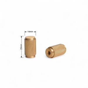 Measurement image showing solid brass gold cylindrical knob dimensions – modern cabinet hardware.