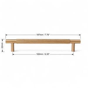 Detailed size diagram for solid brass gold handle – modern furniture drawer pull measurements.