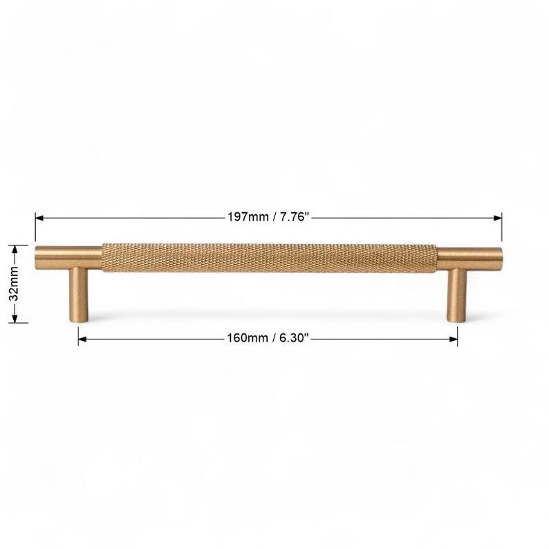 Detailed size diagram for solid brass gold handle – modern furniture drawer pull measurements.