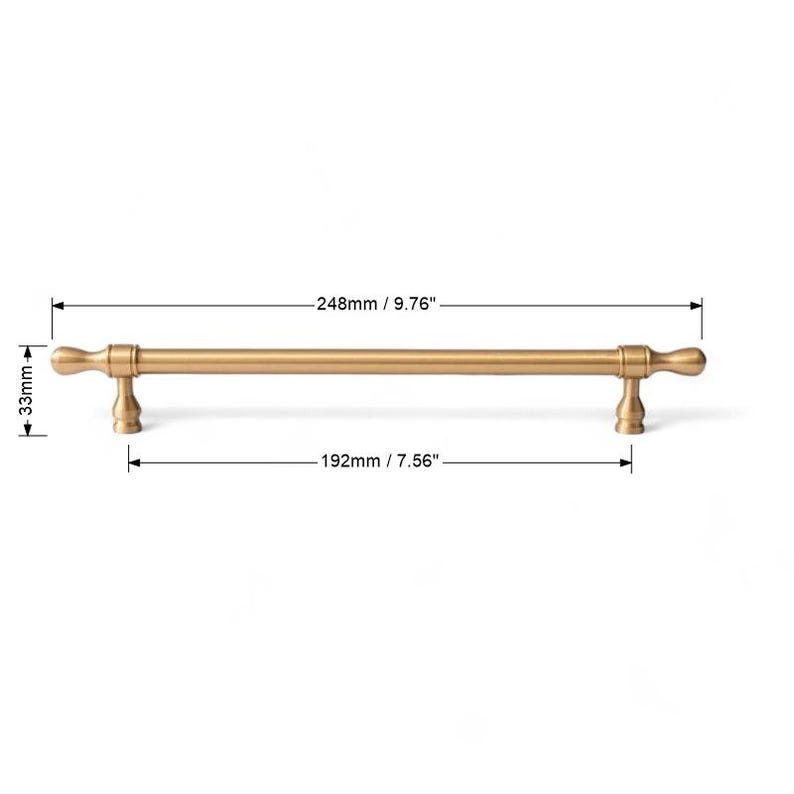 Detailed measurement image showing brushed gold solid brass handle dimensions – modern cabinet pull.