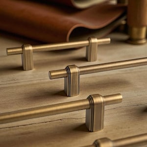 May include: Close-up of several antique brass cabinet pulls. The pulls have a cylindrical bar with rectangular supports. The hardware is arranged on a light wood surface, with a leather material in the background.