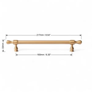 Detailed measurement image showing brushed gold solid brass handle dimensions – modern cabinet pull.