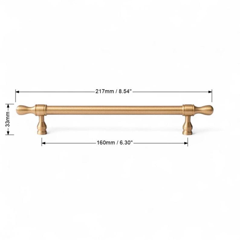 Detailed measurement image showing brushed gold solid brass handle dimensions – modern cabinet pull.