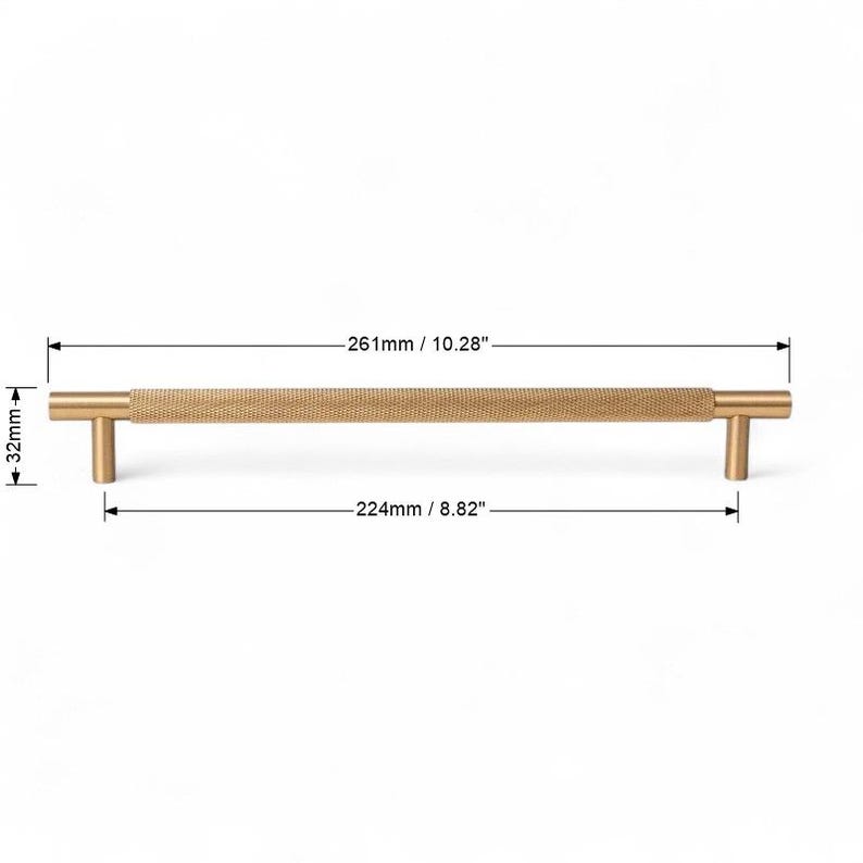 Measurement image of solid brass gold handle – minimalist cabinet hardware dimensions.